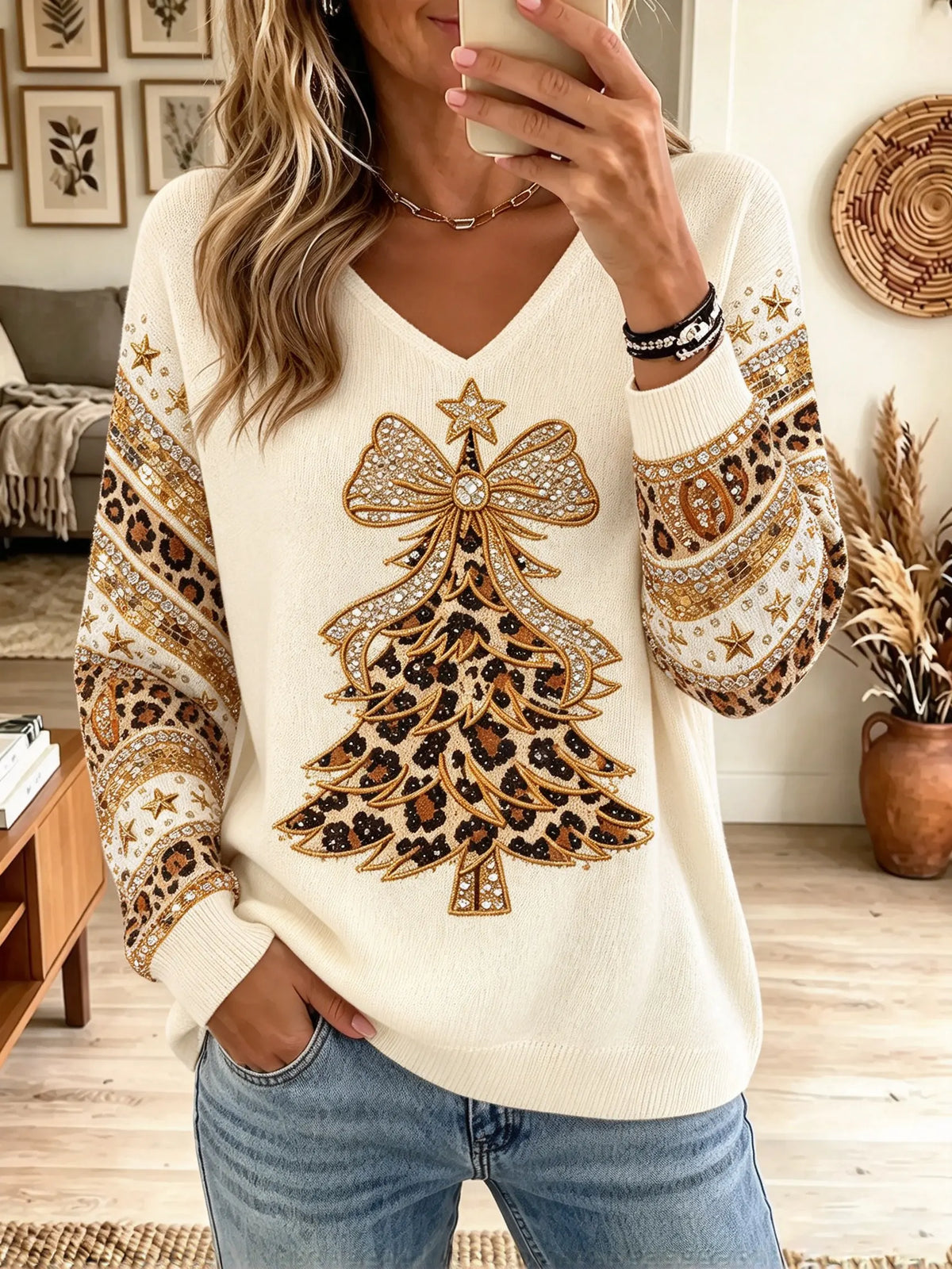 Women's Leopard Christmas Tree V-Neck Sweater