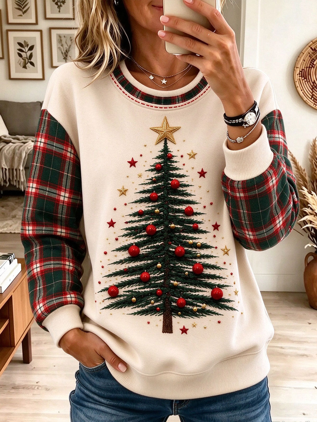 Cream Plaid Sleeve Christmas Tree Star Ornament Sweatshirt