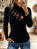 Women's Lace-Up Cutout Mock Neck Ribbed Top