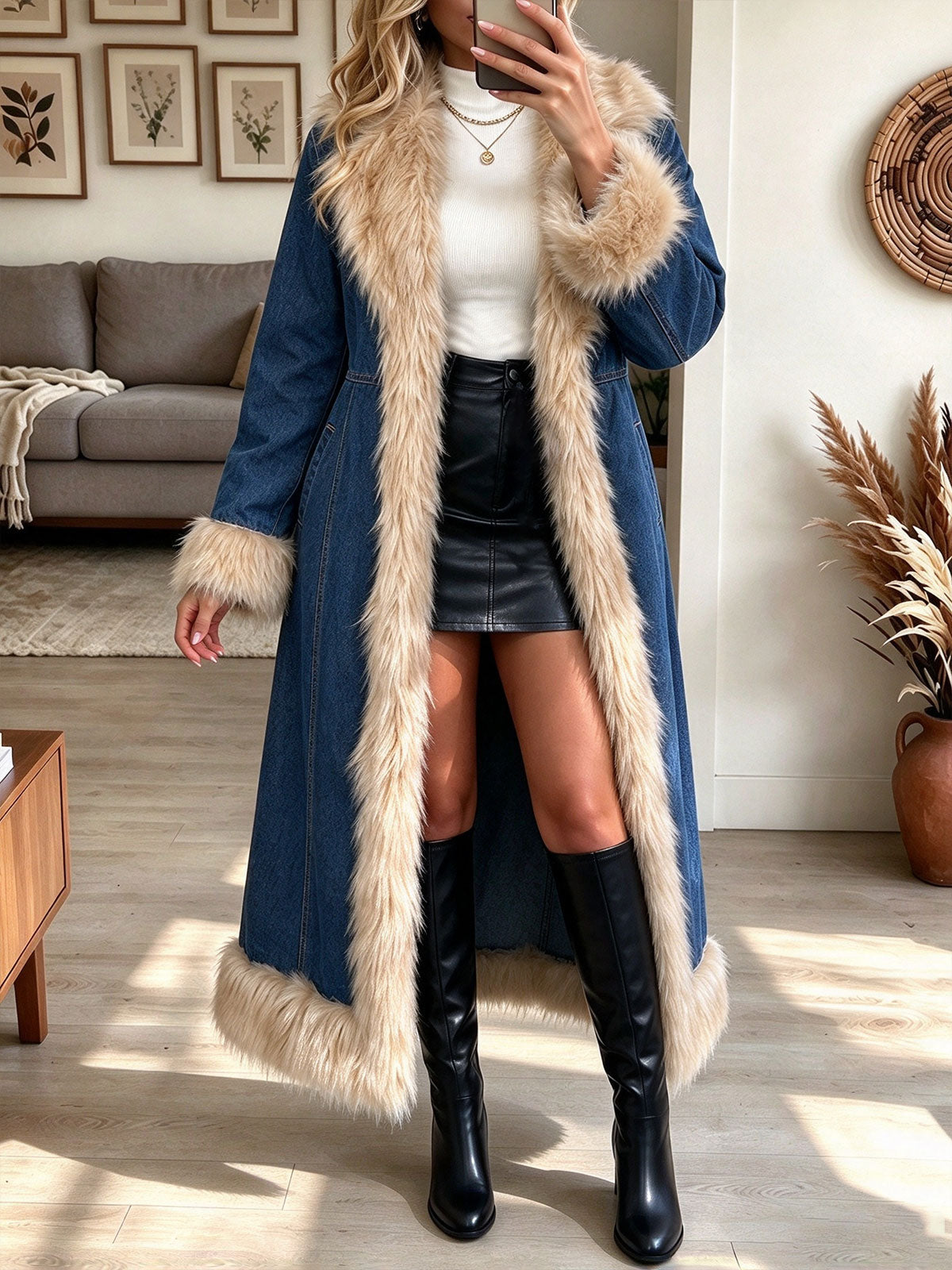 Women's Long Denim Trench Coat Jacket with Plush Faux Fur Trim