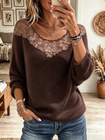 Women's Floral Lace Neckline Fuzzy Knit Sweater