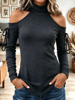 Women's Dark Grey Turtleneck Cold Shoulder Long Sleeve Top with Arm Ties