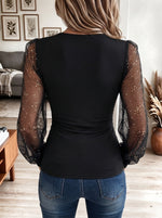 Women's Black V-Neck Long Sleeve Top with Sheer Glitter Mesh Sleeves