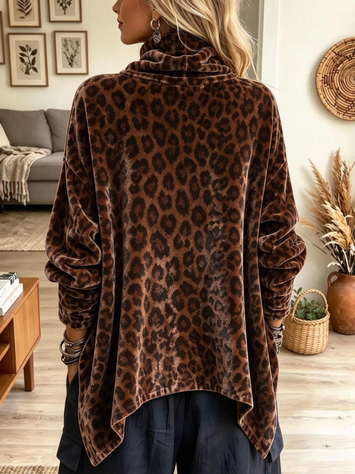 Women's Leopard Print Asymmetrical Button Fleece Pullover