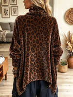 Women's Leopard Print Asymmetrical Button Fleece Pullover