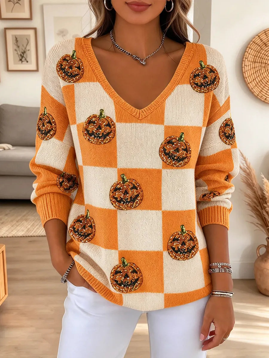 Halloween Pumpkin Pattern Art Casual Stylish Long Sleeve Knit Sweater