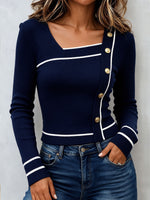 Women's Square Neck Ribbed Knit Top, Gold Button Contrast Trim Long Sleeve Slim Blouse