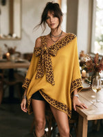 Women's Elegant Leopard Print Off-shoulder Loose Cape-style Knit Top