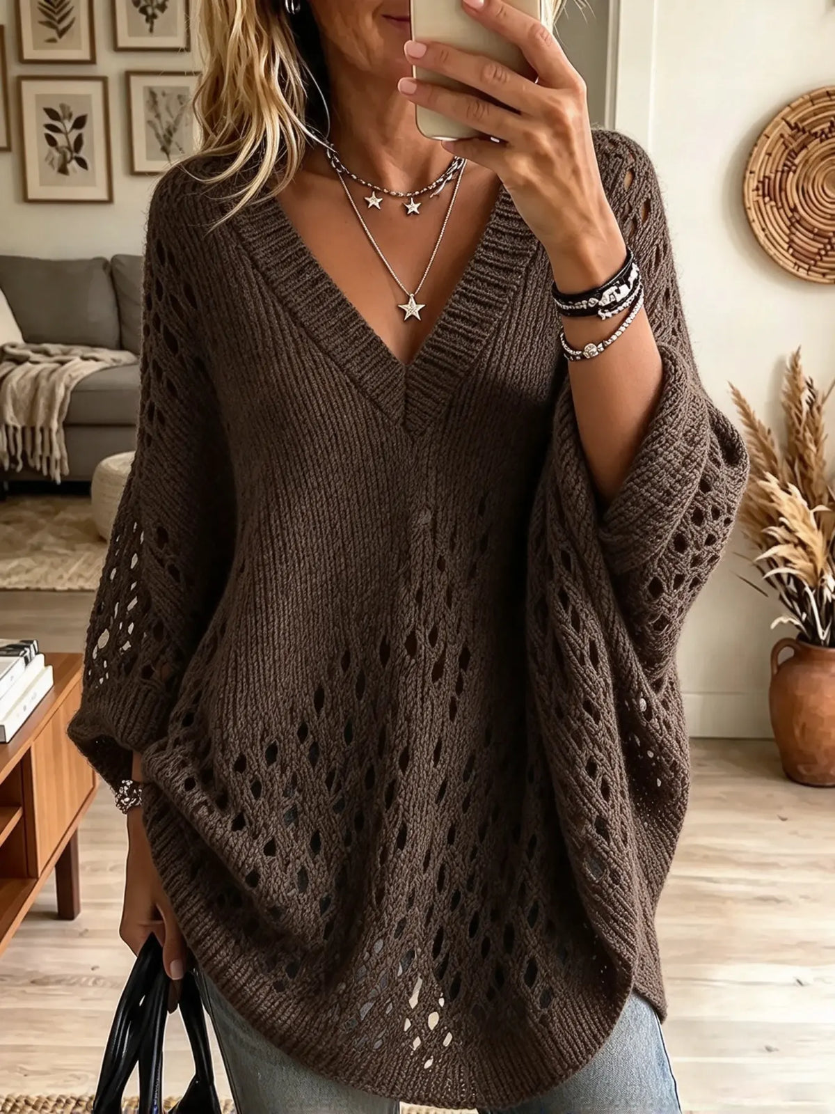 Women's Openwork Cable Knit Batwing Poncho Sweater