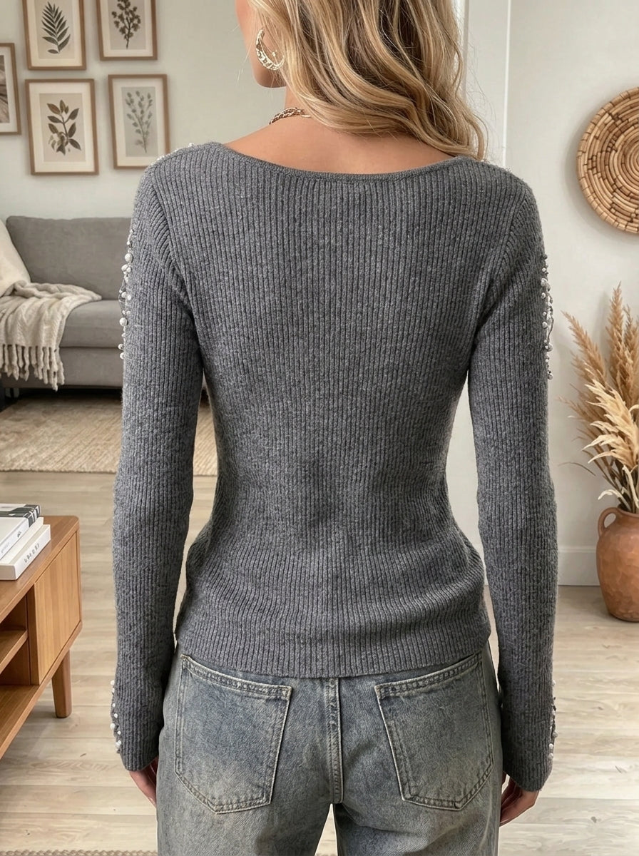 Women's Beaded Floral Mesh Knit Sweater
