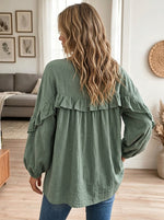 Women V Neck Ruffled Babydoll Tunic Top Long Balloon Sleeve Casual Blouse