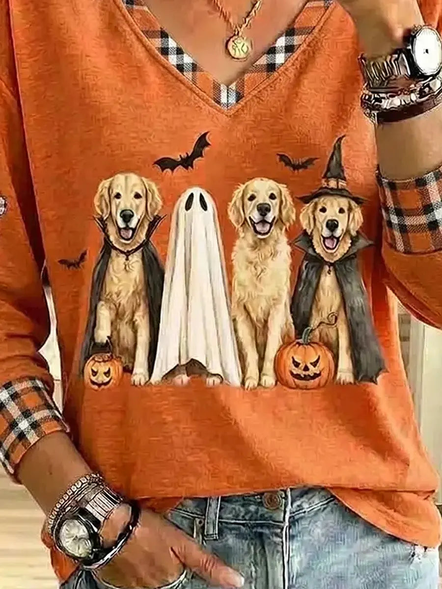 Vintage Halloween Ghost Dogs Pattern Art Casual Stylish Long Sleeve Sweatshirt