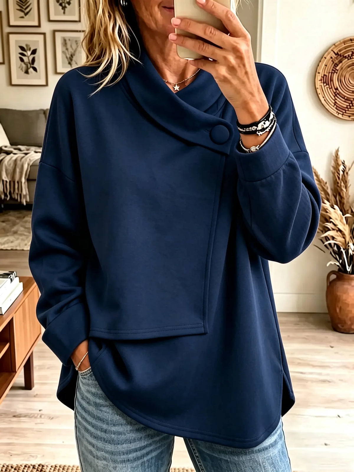 Women's Asymmetrical Button Wrap Cowl Neck Sweatshirt
