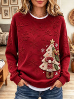 Women's Christmas Tree 3D Doll & Snowflake Embroidered Print Long Sleeve Sweatshirt Top