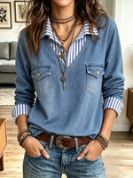 Retro Chic Stripe Denim Patchwork Art Casual Stylish Long Sleeve Shirt
