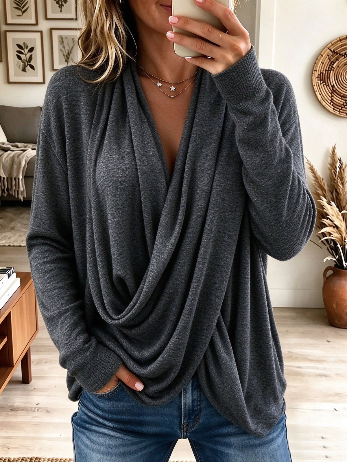 Draped Wrap Cross Front Knit Long Sleeve Top