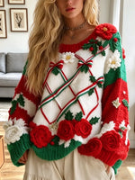 Vintage Floral Christmas Knitted Art Casual Stylish Long Sleeve Sweater