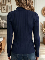 Women's Ribbed Knit Full Zip Up Stand Collar Long Sleeve Slim Fit Cardigan/Top