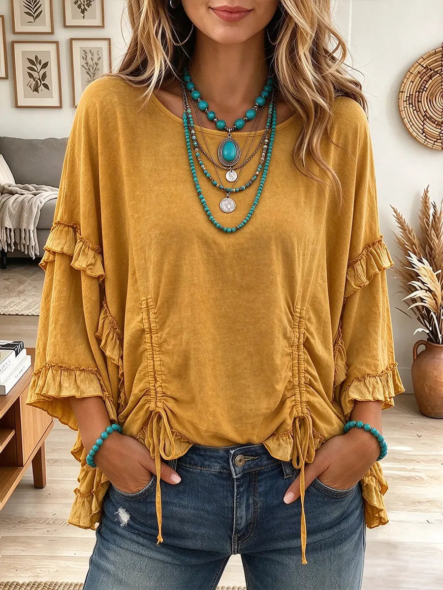 Women's Boho Round Neck Adjustable Drawstring Waist Blouse