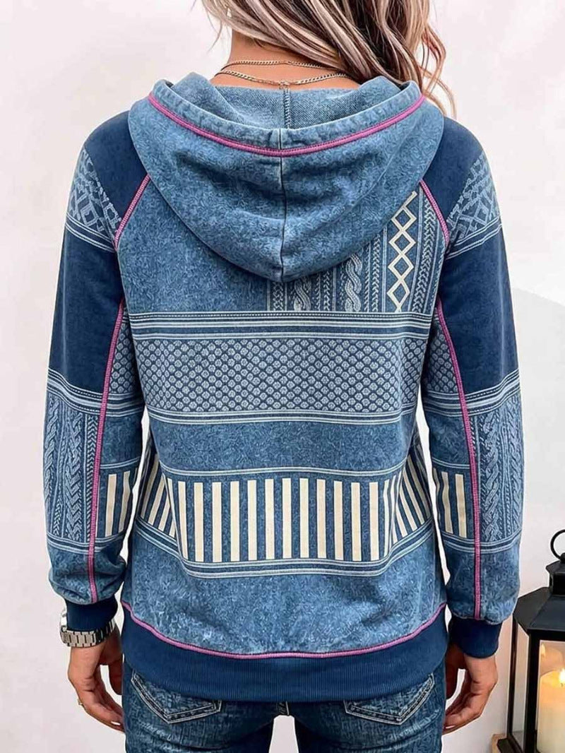 Women's Geometric Ethnic Print Hoodie, Long Sleeve Drawstring Pocket Sweatshirt