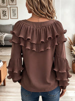 Women's Brown V-Neck Long Sleeve Top with Layered Pleated Ruffles