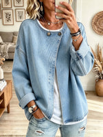 Women's Asymmetric Button Crewneck Denim Jacket