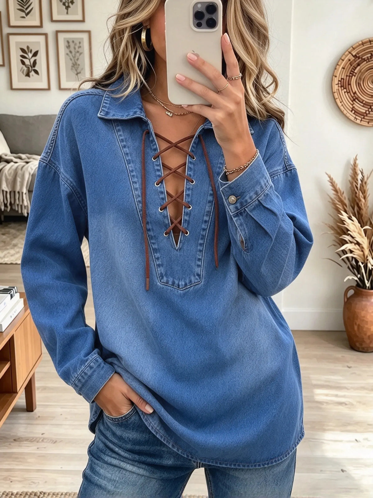 Women's Lace-Up Front Oversized Denim Shirt
