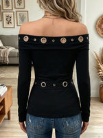 Women's Sexy Off Shoulder Long Sleeve Tee with Metal Grommets Slim Fit Top