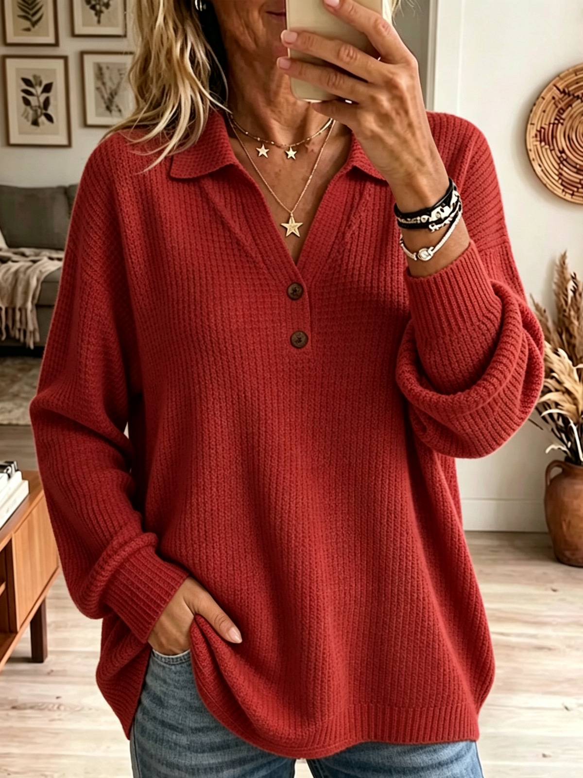 Women's Lapel Collar Henley Waffle Sweater