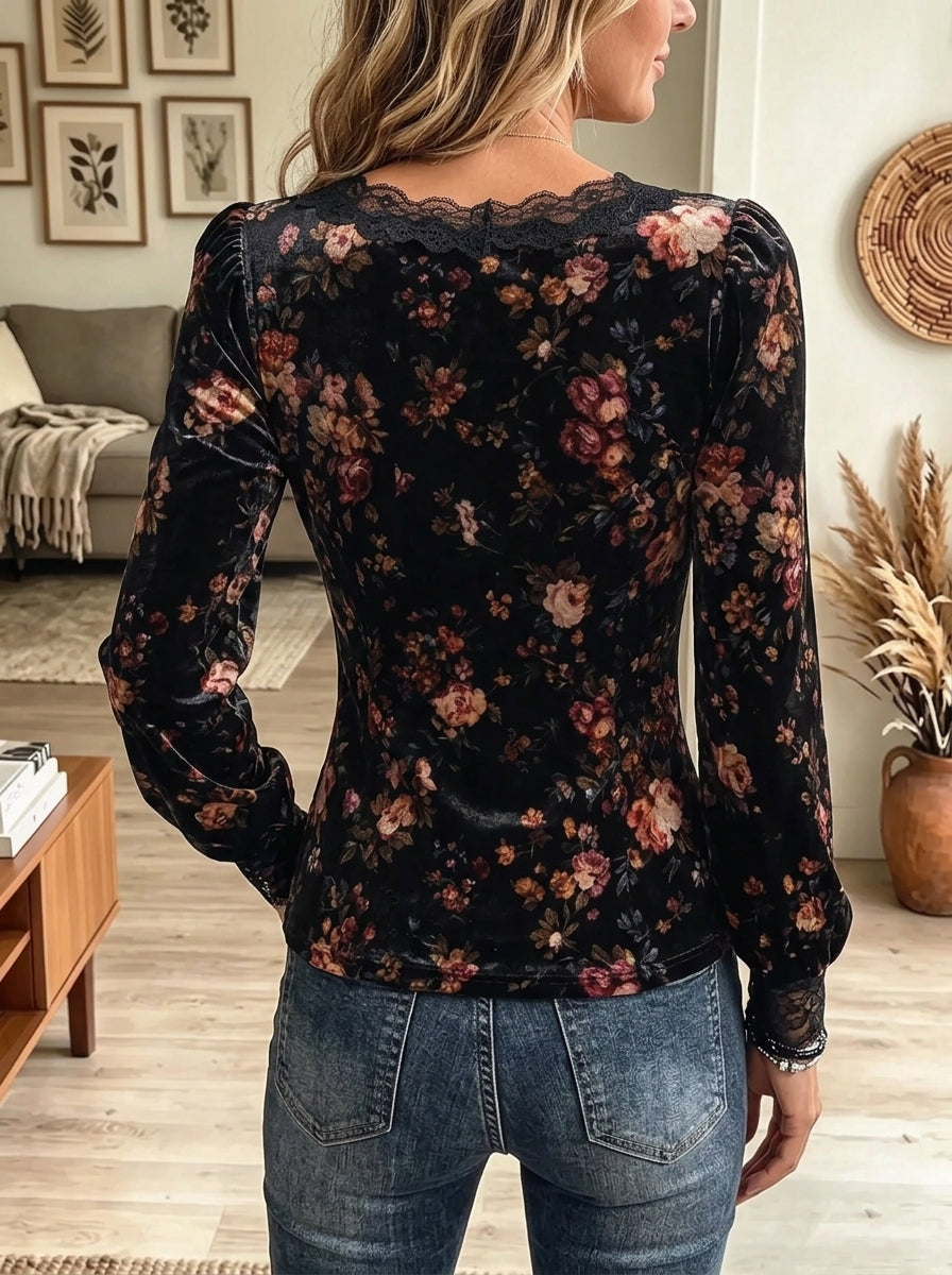Women's Floral Velvet Lace Trim Tie-Neck Blouse
