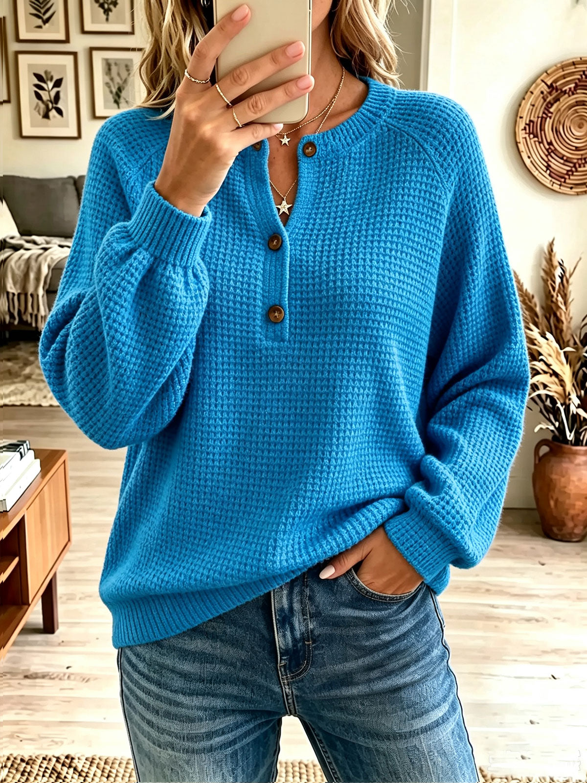 Women's Waffle Knit Henley Sweater, Long Sleeve Button V Neck Loose Pullover