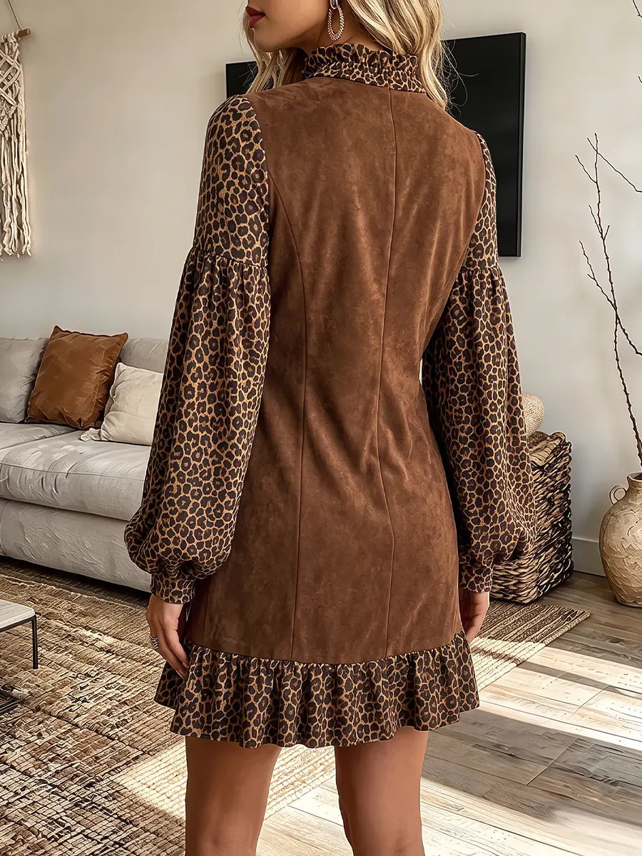 Vintage Elegant Suede Patchwork Leopard Dress