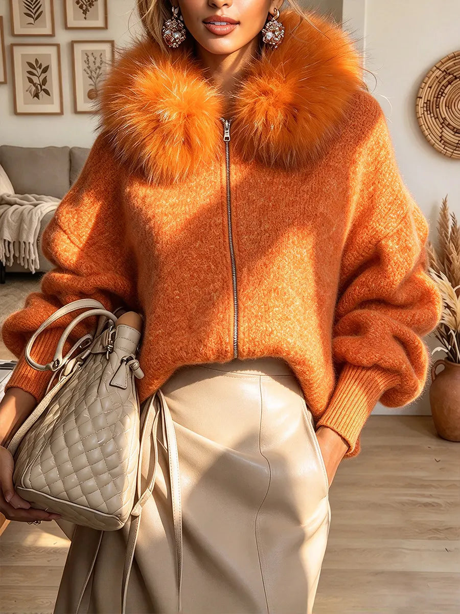 Women's Fall Winter Warm Furry Collar Sweater Coat