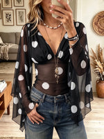 Women's Polka Dot Sheer Mesh Plunging Top