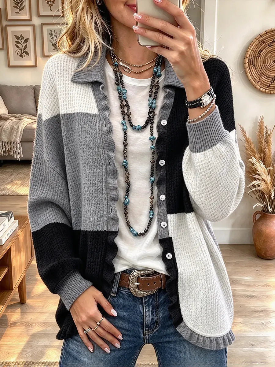 Women's Elegant Geometric Print Ruffled Collar Knit Cardigan