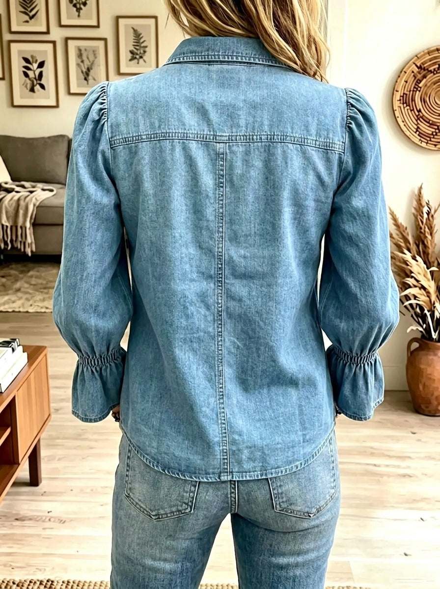 Women's Floral Puff Sleeve Denim Shirt