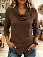 Cowl Neck Asymmetric Button Waffle Knit Long Sleeve Top