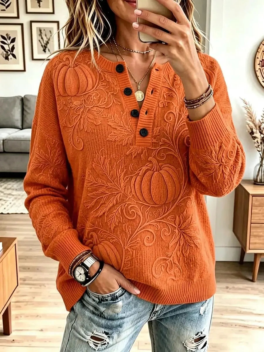 Vintage Pumpkin Autumn Pattern Art Casual Stylish Long Sleeve Knitted Sweater