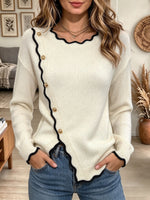 Women's Off-White Scalloped Trim Knit Sweater with Asymmetric Gold Buttons