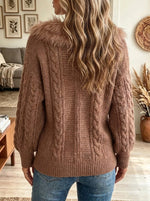 Women's Faux Fur Trim Cable Knit V-Neck Sweater