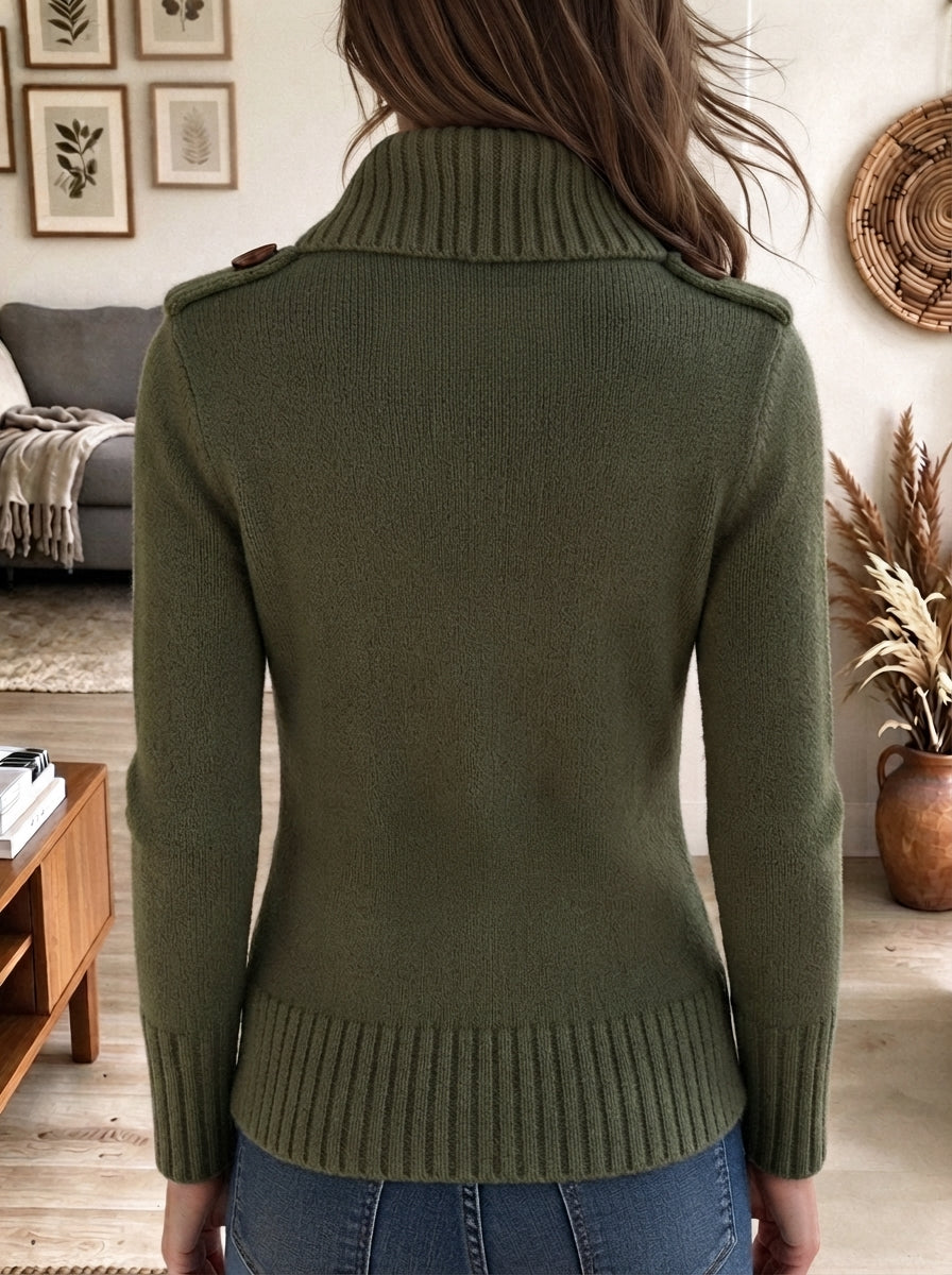 Women's Olive Green Military Style Knit Cardigan with Wooden Toggle Buttons