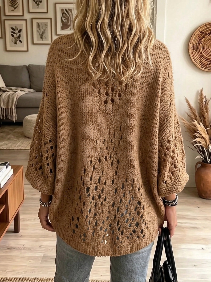 Women's Openwork Cable Knit Batwing Poncho Sweater