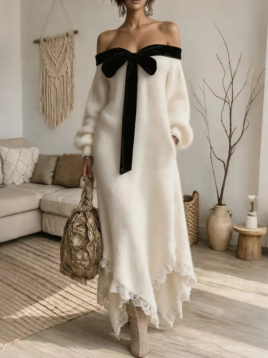 Women's Elegant Black Bow Lace Hem Off-shoulder Knit Dress