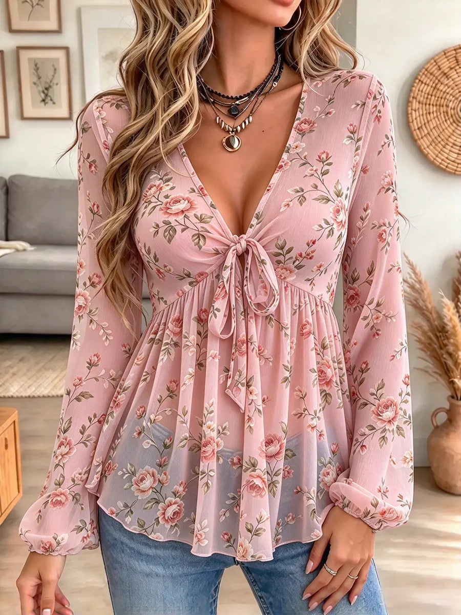 Retro Floral Pattern Art Print Casual Stylish Long Sleeve Mesh V Collar Shirt