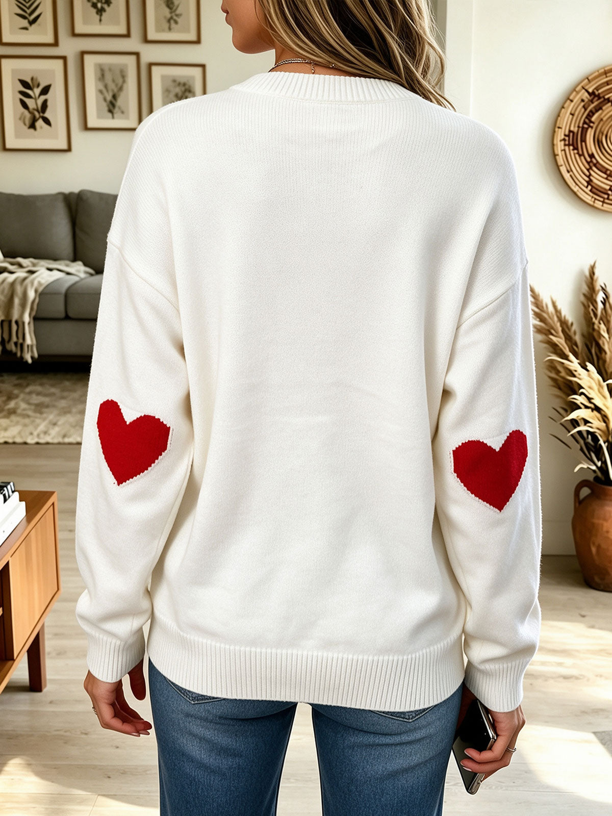 Women's Heart Graphic Knit Sweater, Long Sleeve Crew Neck Pullover