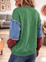 Vintage Elegant Plaid Patchwork Denim Sweatshirt