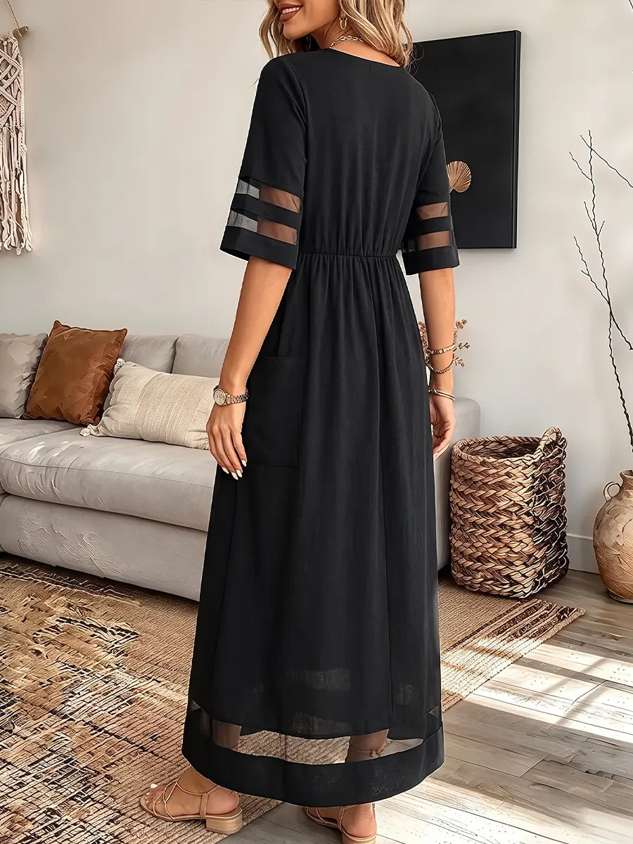 Vintage Elegant Cotton Blend Patchwork Sheer Mesh Dress