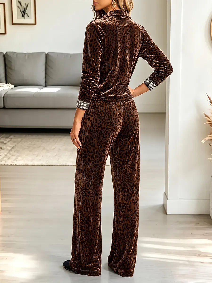 Vintage Elegant Velvet Leopard Print Rhinestone Zipper Long-sleeved Jumpsuit