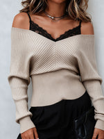 Women's Off Shoulder Faux Two-Piece Knit Top, Lace Cami Layered Long Sleeve Sweater