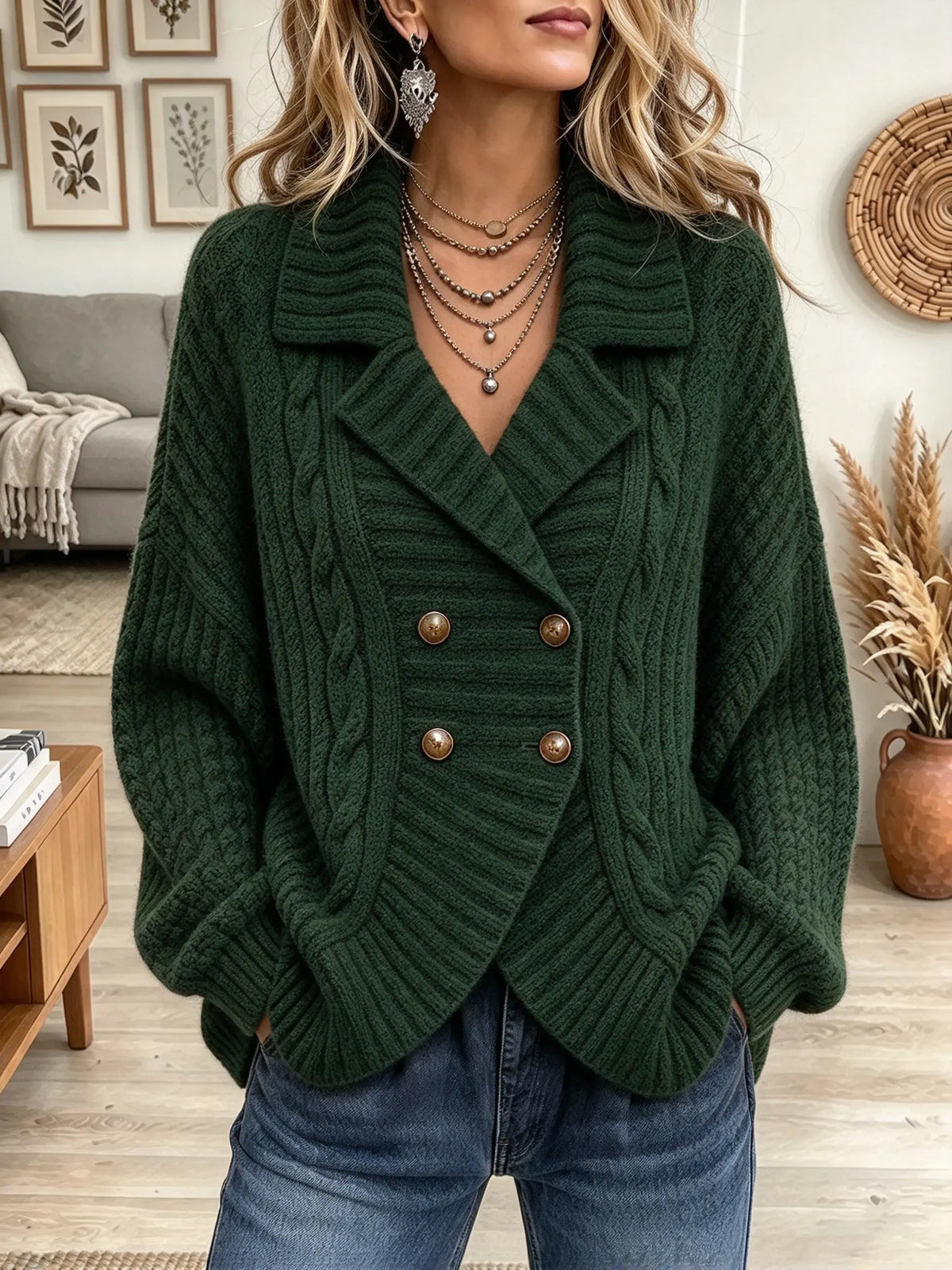 Women's Cable Knit Double-Breasted Cardigan Sweater
